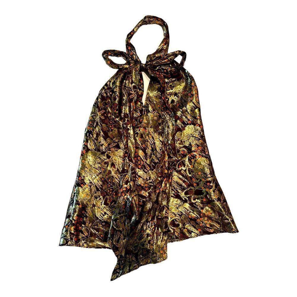MILLY Women’s Allover Print Sleeveless Halter Neck Bow Blouse Brown/Gold Size 8
